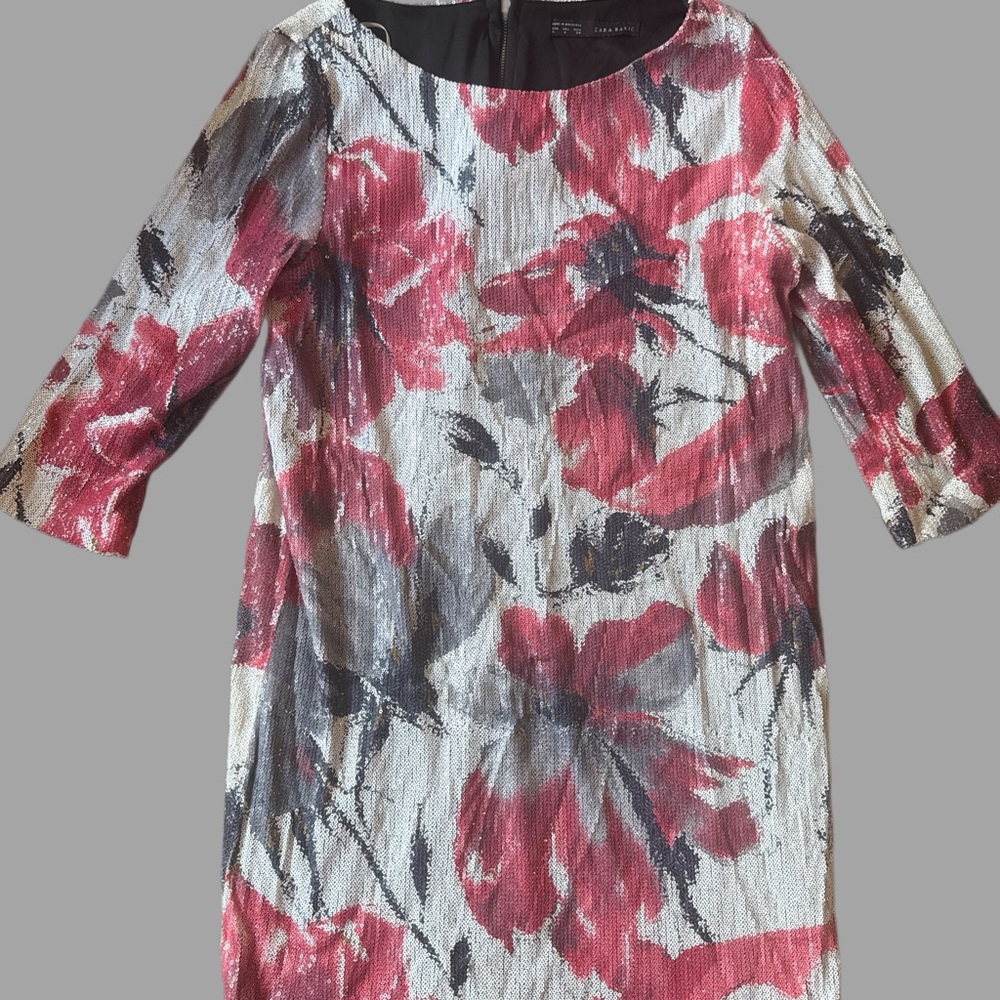 Zara Floral Print Sequin Dress with Red and Black Accents